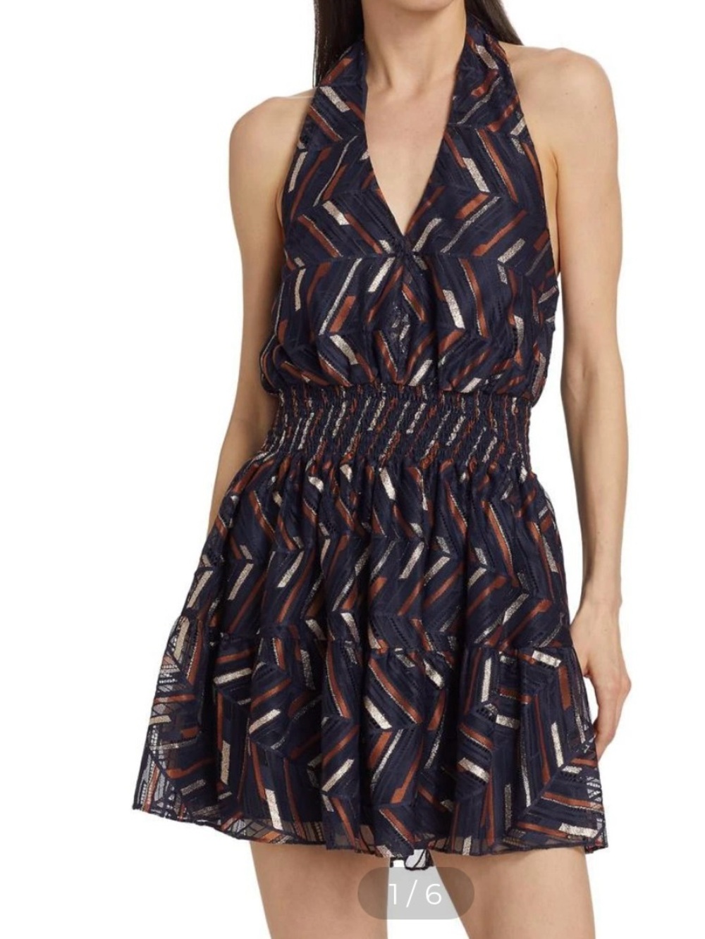 Ramy Brook Blanch Metallic Chevron Stripe Halter Mini Dress Navy Gold Smocked S
